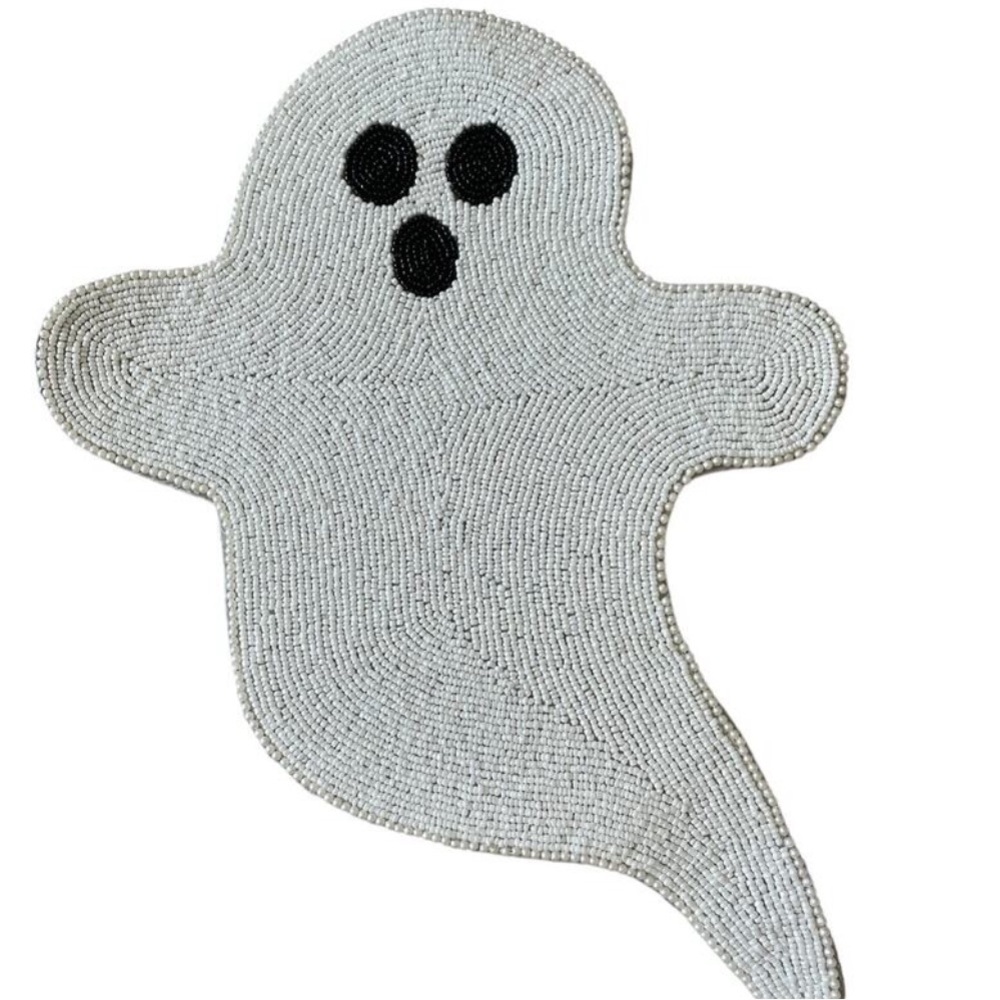 Set of 4 TAHARI Beaded GHOST Placemat Charger 17in White Halloween Decor NEW
